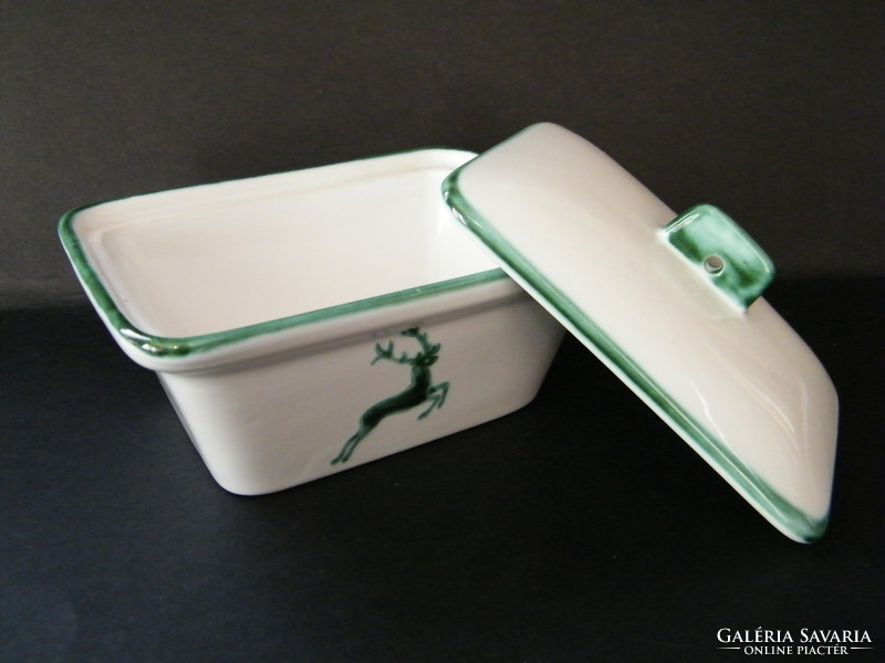 Gmundner ceramic butter dish with a green deer motif