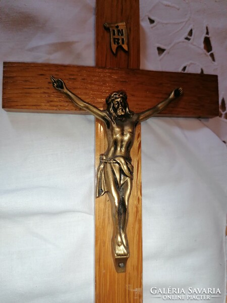 For home altar, old wooden cross, with copper body 35 cm!