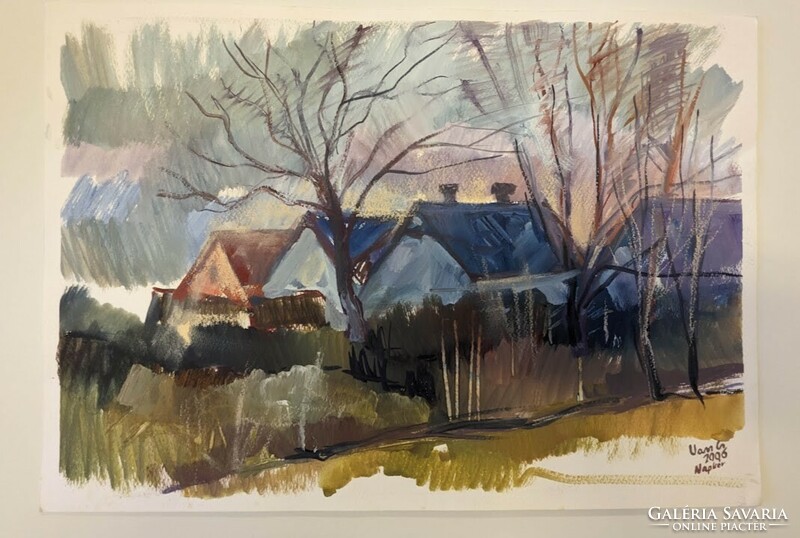 Csaba Vass: houses in the early days watercolor signed, dated