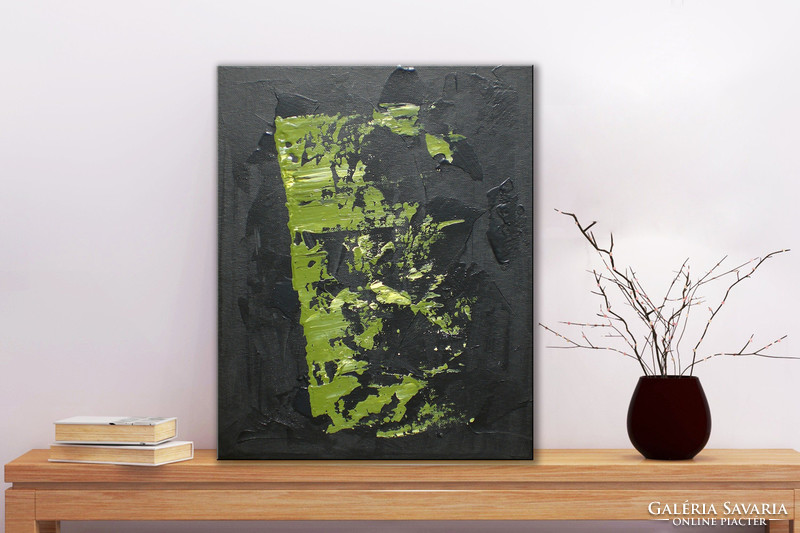 Vörös Edit: Black Green Abstract N2107 25x20cm absztrakt festmény