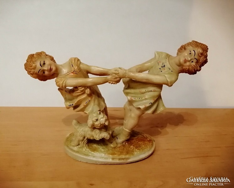 Old salt statue of spinning girls figurine 13.5 cm high