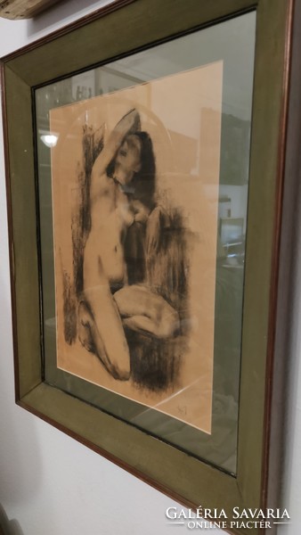 István Szőnyi, signed carbon nude drawing, in a nice frame, size 70*55 cm