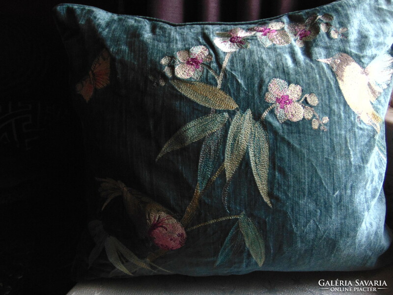 Beautiful turquoise green velvet decorative cushion cover with flowers and birds