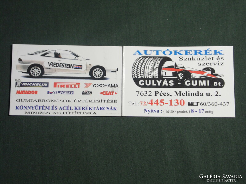 Kártyanaptár, Gulyás autókerék szaküzlet gumi szerviz , Pécs, grafikai rajzos,1999,   (2)