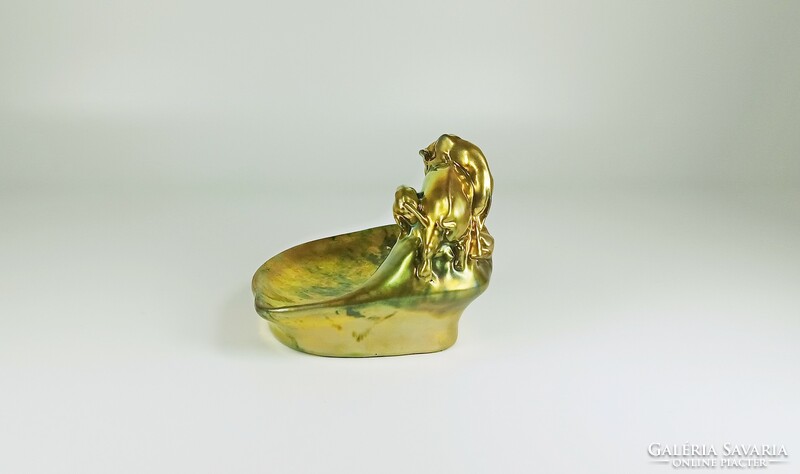 Zsolnay, green eosin glazed porcelain business card holder with a hunting scene, flawless! (B153)