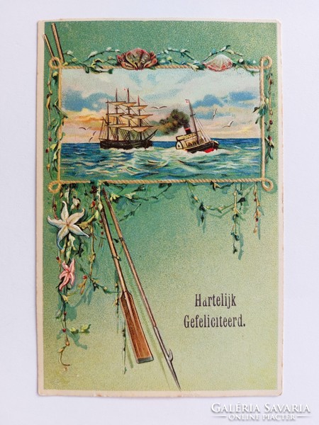 Old postcard embossed postcard sea ships