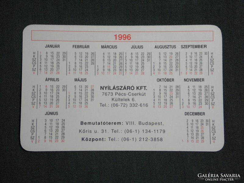 Kártyanaptár, Nyílászáró Kft, Pécs Cserkút,1996,   (2)