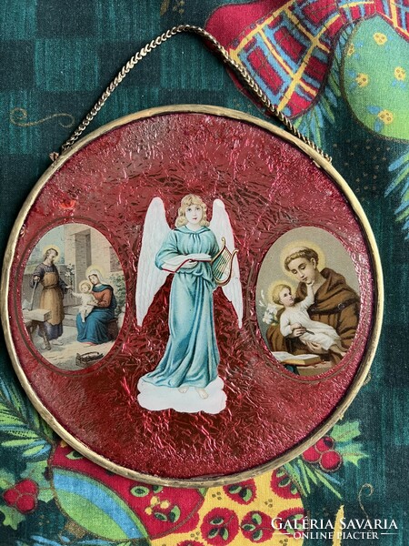Antik litogeráfiás papír angyal és szentkép karácsonyfadísz