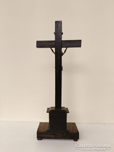 Antique Biedermeier crucifix standing wooden inlaid cross carved Jesus 570 8181