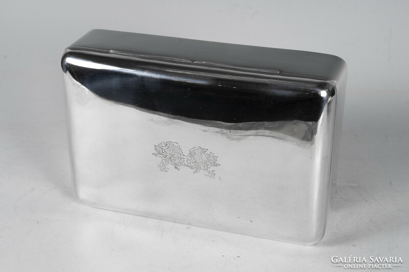 Silver large wooden box with engraved coats of arms on the lid
