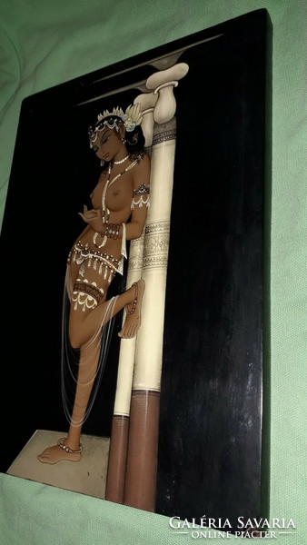 Csodaszép indiai festett és intarziás lakkozott falikép Hölgy a palotában félakt a képek szerint P