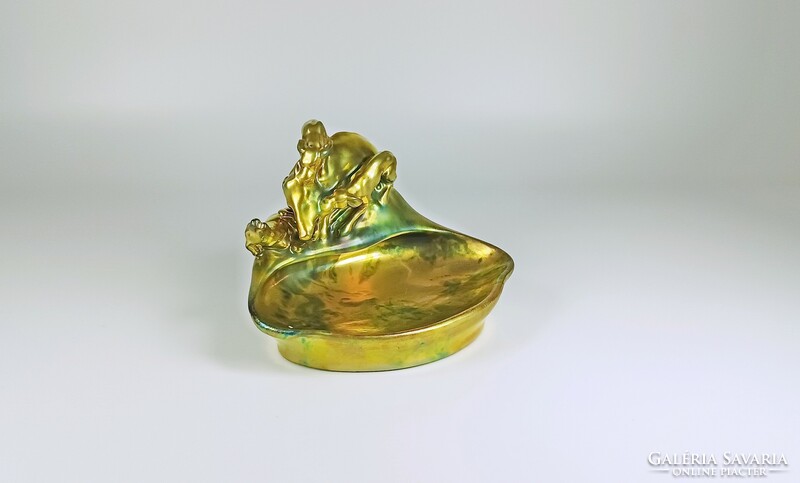 Zsolnay, green eosin glazed porcelain business card holder with a hunting scene, flawless! (B153)