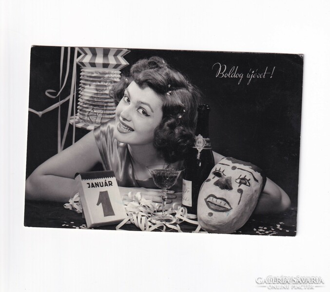 B:06 Újév - BÚÉK képeslap 1952 Fekete-fehér Hölgy