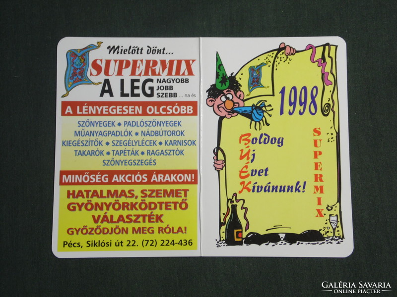 Kártyanaptár, Supermix szőnyeg függöny áruház, Pécs, grafikai rajzos,1998,   (2)