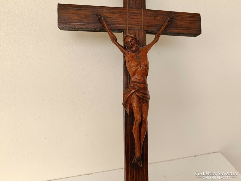 Antik biedermeier feszület álló fa intarziás kereszt faragott Jézus 570 8181