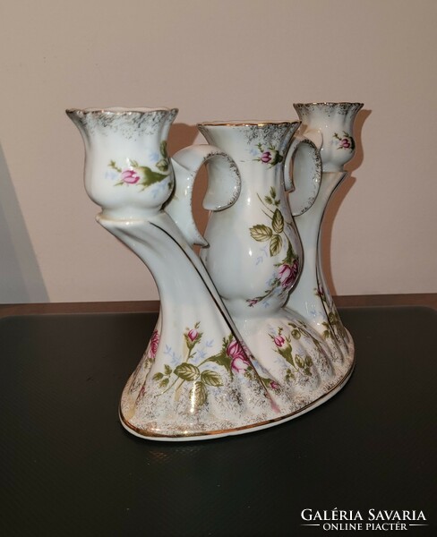 Beautiful three-prong marked porcelain candle holder, rose decor, also for the Christmas table!