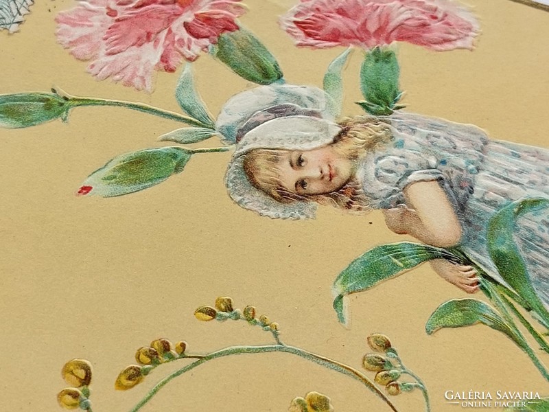 Régi képeslap 1904 dombornyomott levelezőlap kislány szegfű nefelejcs