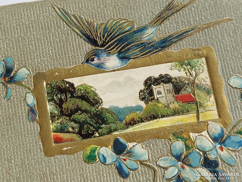 Régi újévi képeslap dombornyomott levelezőlap madár nefelejcs