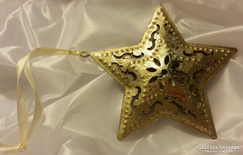Old worn effect, silver-colored, metal star Christmas tree ornament with openwork pattern