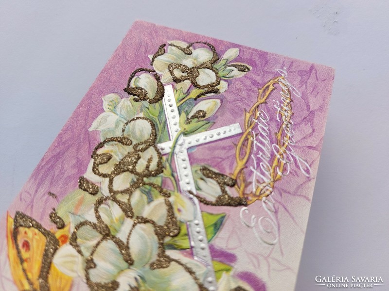 Régi húsvéti képeslap dombornyomott levelezőlap kereszt pillangó virágok