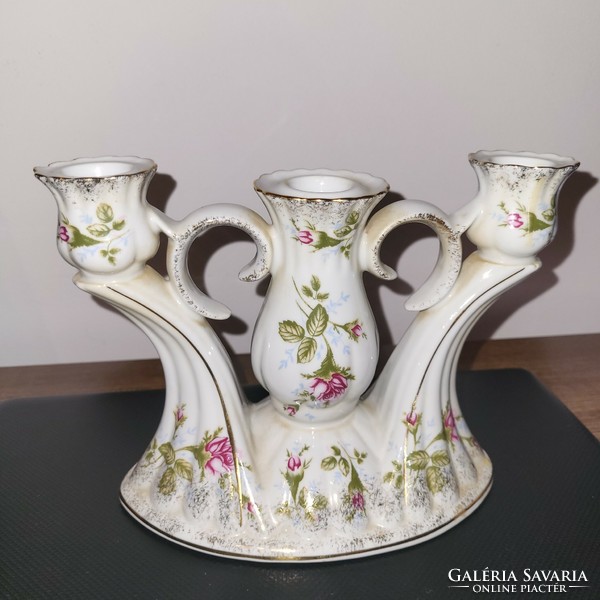 Beautiful three-prong marked porcelain candle holder, rose decor, also for the Christmas table!