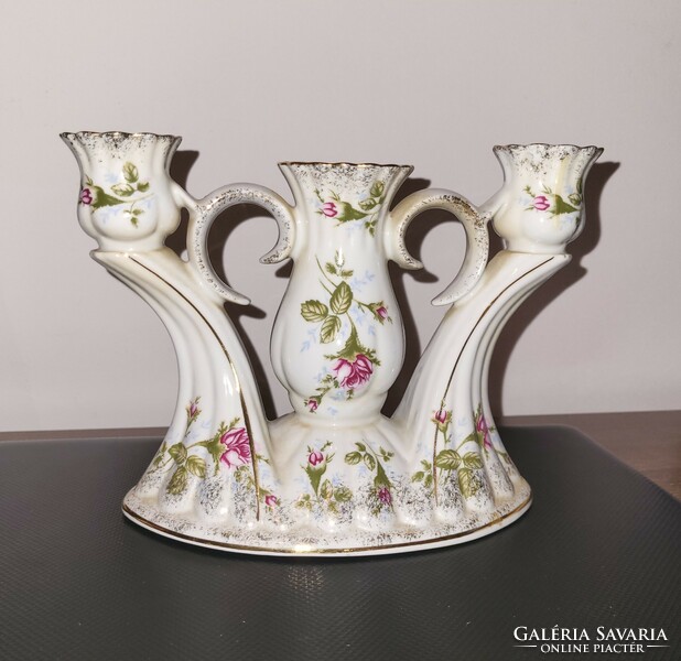 Beautiful three-prong marked porcelain candle holder, rose decor, also for the Christmas table!