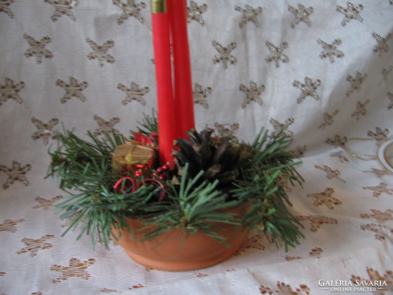 Karácsonyi, adventi kis asztali dísz agyag kerámia tálkában