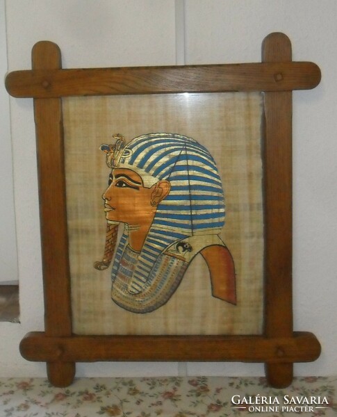Üvegezett Egyiptomi papirusz falikép, széles vastag fa keretben.  50.5 X 58 X 2 cm.