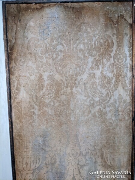 Antique hall wall with mirror, copper hangers, brocade insert