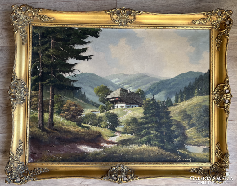 Alpesi tájkép, aranyozott keretben, 20. század