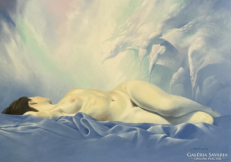 János Jantner, reclining female nude c. Artwork, acrylic, canvas, 50x70 cm, without frame
