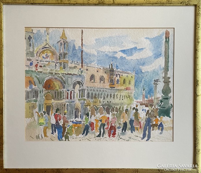 József Pituk on Victoria, Venice, st mar square, watercolor, 47x35 cm + frame, under glass