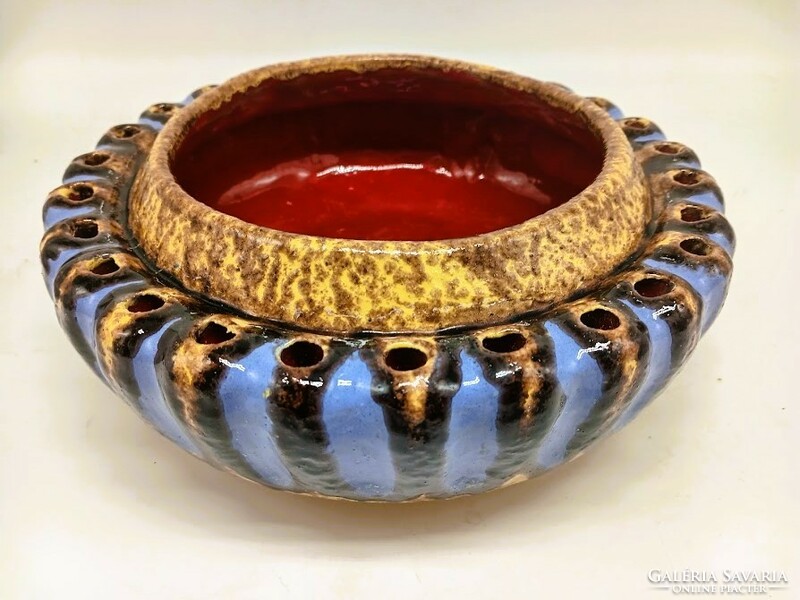 Large pestle retro bowl, Hungarian applied art ceramics, 27 cm wide, 11 cm high