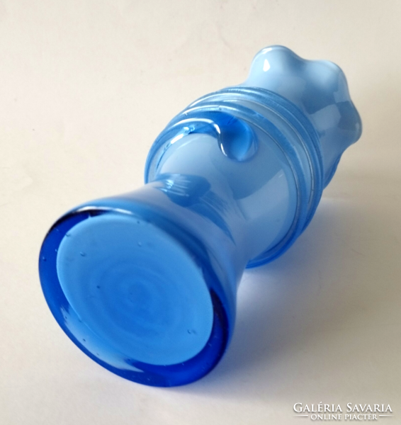 Artistic vase of blue opaline glass with a ruffled rim