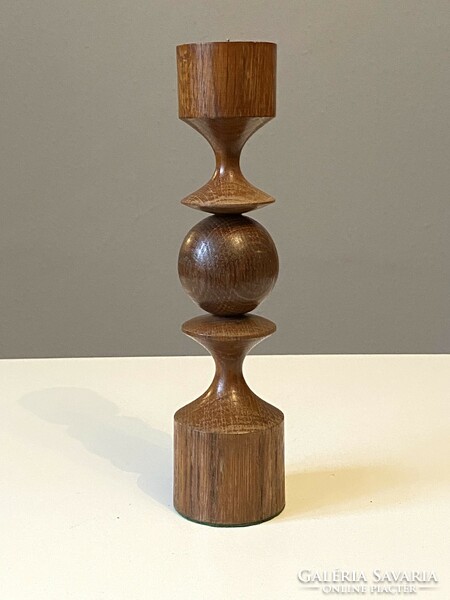 Turned brown retro wooden candle holder 25 cm