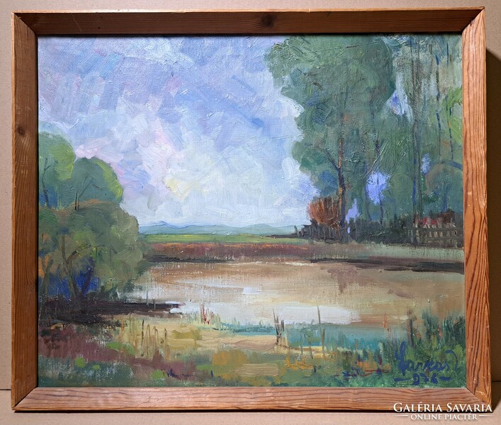 Lakeside landscape oil painting with wolf sign from 1976