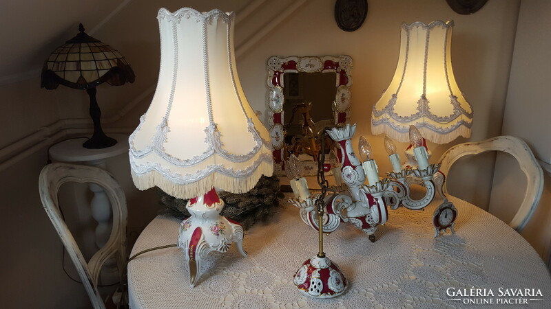 Lindner porcelain chandelier, table lamp, mirror, clock set