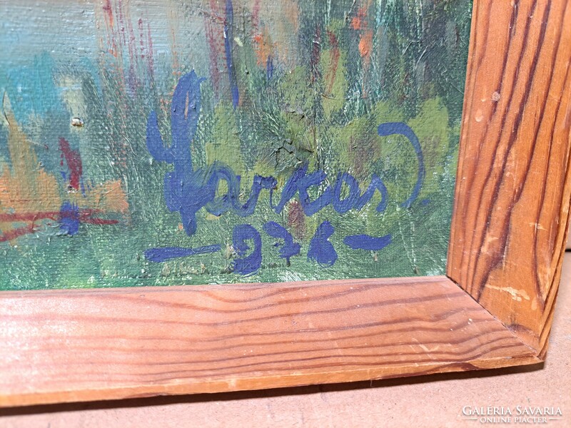 Lakeside landscape oil painting with wolf sign from 1976