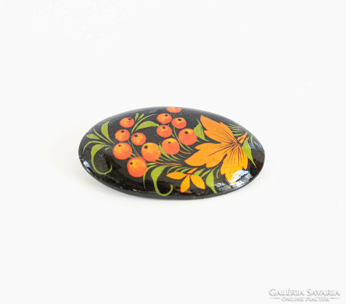 Lacquered wooden brooch with autumn leaf and berry pattern - folk art brooch, pin Russian