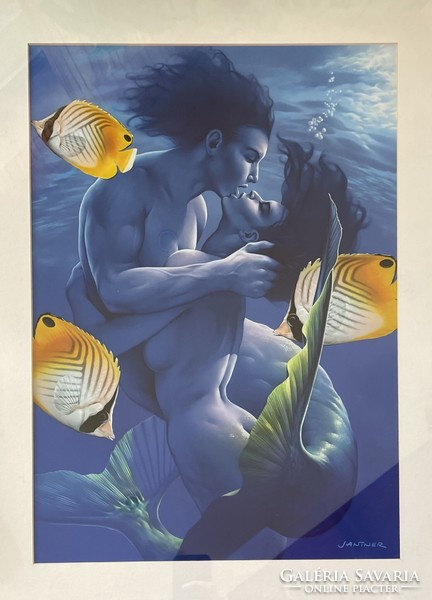 János Jantner, mermaids c. Creation, acrylic, cardboard, 50x36 cm, + blue aluminum frame