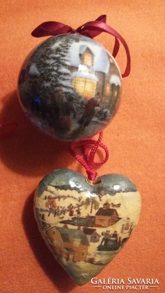 Six papier-mâché Christmas tree ornaments, sphere and heart: winter scenes, Santa Claus, snowman