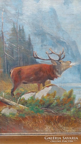 Signed oil on canvas painting with deer