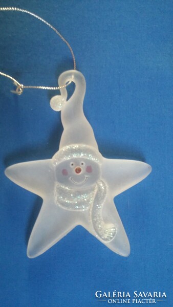 Two opal glass Christmas tree ornaments: a star with a snowman head