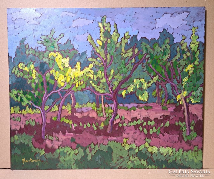 Mártonfi Benke Márta: Barackos (olajfestmény) színes természeti tájkép, kortárs női festő