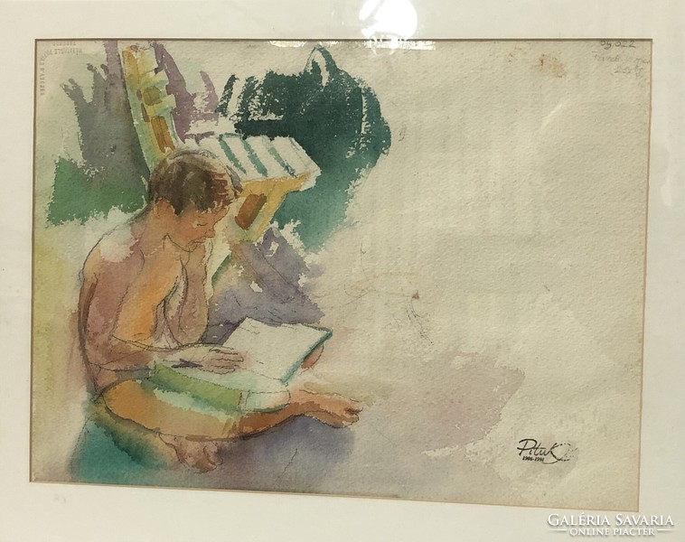 Pituk József Viktórián, Vízparti fűz/Olvasó fiú kétoldalas akvarell, 28x37cm +keret, kétoldalon üveg
