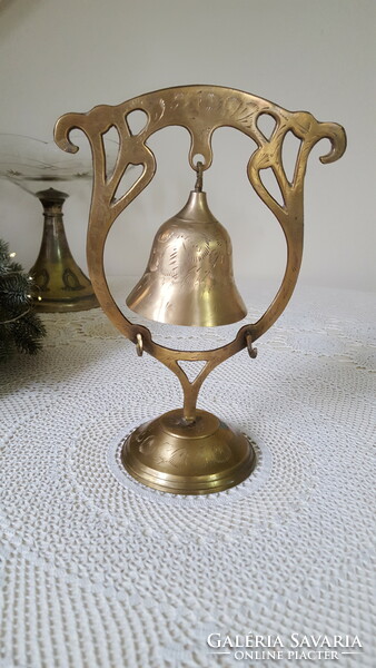 Engraved brass prayer bell, dinner bell on stand