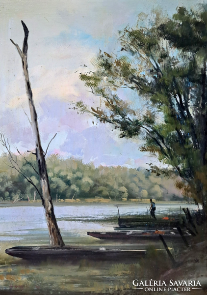 Zoltán Hornyik: Ladik from the Tisza (oil painting in a frame) contemporary painter, Debrecen