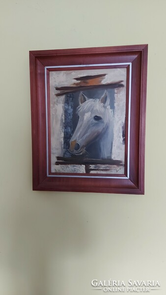 Oil painting of lute pearl. Horse head. 30×40