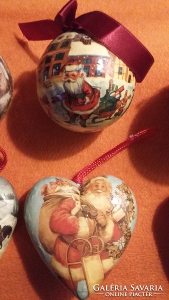 Six papier-mâché Christmas tree ornaments, sphere and heart: winter scenes, Santa Claus, snowman