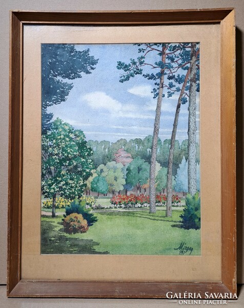 Sunny park detail - watercolor from 1950 with mirgay marking